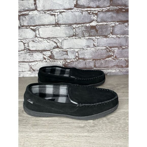Clarks Venetian Black Suede Fur Lined Slip On Loafer Moccasin Slippers Men’s 10M - Picture 12 of 16